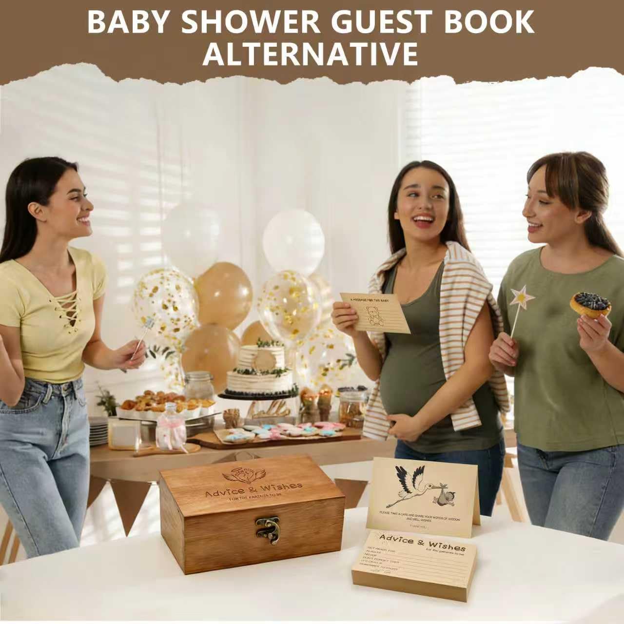 Natural Wooden Baby Shower Keepsake Box with 50 Pcs Advice & Wishes Kraft Cards - Elegant Guest Book Alternative – Rustic Time Capsule Memories Box for New Parents, Mom & Dad to Be Gifts (Set)