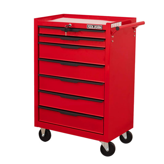 7-Drawer Rolling Tool Chest Cabinet, Large Capacity Metal Tool Box with Wheels and Keyed Locking, Roll Around Storage Organizer Tool Cart for Garage, Warehouse, Work Shop - Red