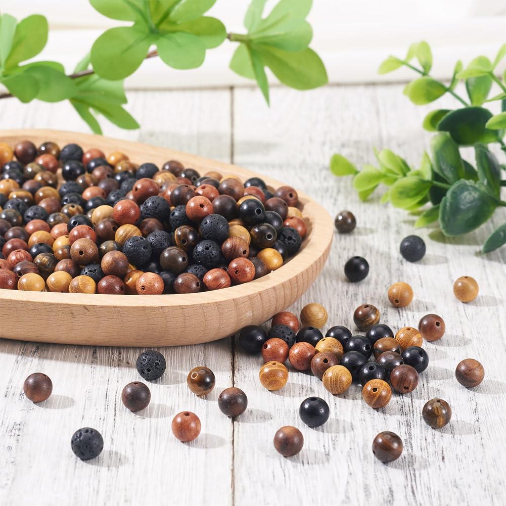 KISSITTY 300Pcs 6 Style Natural Wood Round Gemstone Beads Kit for Easter 8mm Lava Rock Bead & Grade AB Tiger Eye Wood Bead Natural Polished Wooden Ball Loose Beads for Men Bracelet Jewelry Making