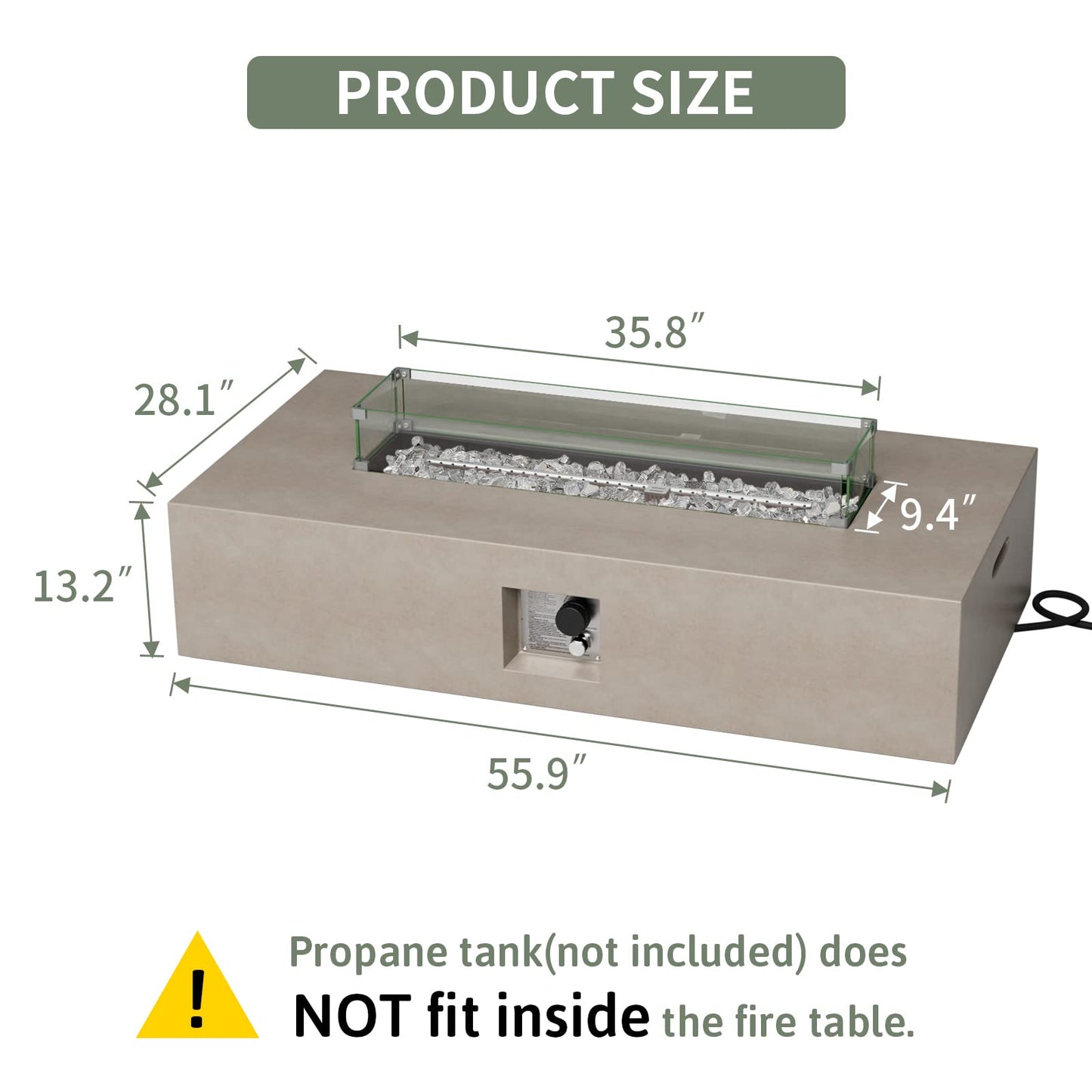 COSIEST Outdoor Propane Fire Pit Table, 56-inch x 28-inch Rectangle Gray Concrete-Like Finish, Certified, 50,000 BTU Stainless Steel Burner w Transparent Gray Fire Glass, Wind Guard, Raincover