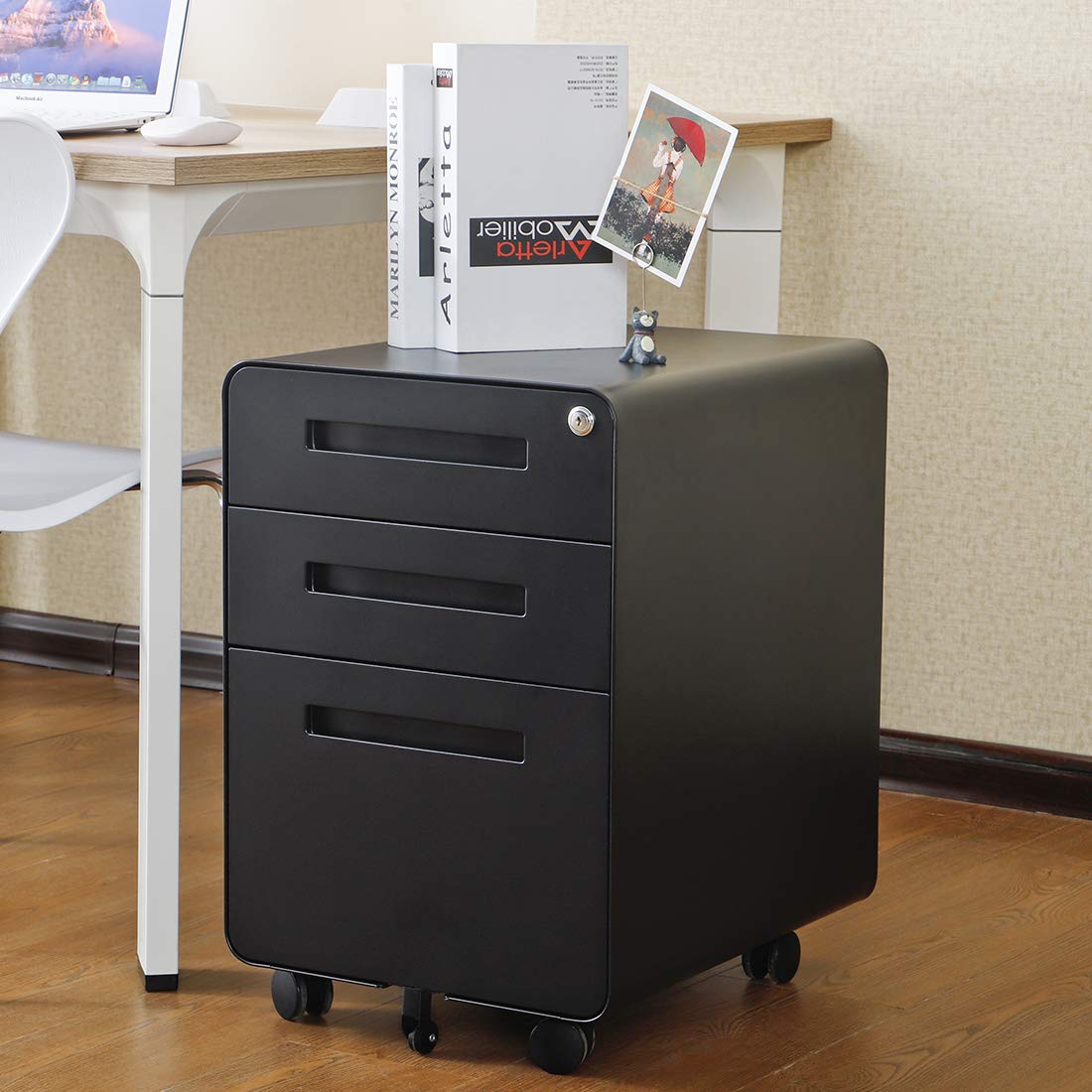 GarveeHome 3 Drawer Mobile File Cabinet with Lock, Under Desk Metal Filing Cabinet for Home Office, Under Desk Storage with 5 Wheels for A4/Letter/Legal Size, Fully Assembled