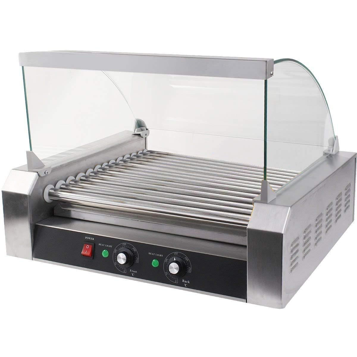 ReunionG Commercial Electric Hotdog Grilling Cooker 11 Rollers for 30 Hotdogs Stainless Steel Hot Dog Warmer Grilling Machine with Cover, Grade 1650W (20''W)