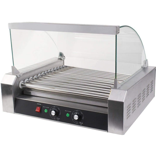 ReunionG Commercial Electric Hotdog Grilling Cooker 11 Rollers for 30 Hotdogs Stainless Steel Hot Dog Warmer Grilling Machine with Cover, Grade 1650W (20''W)