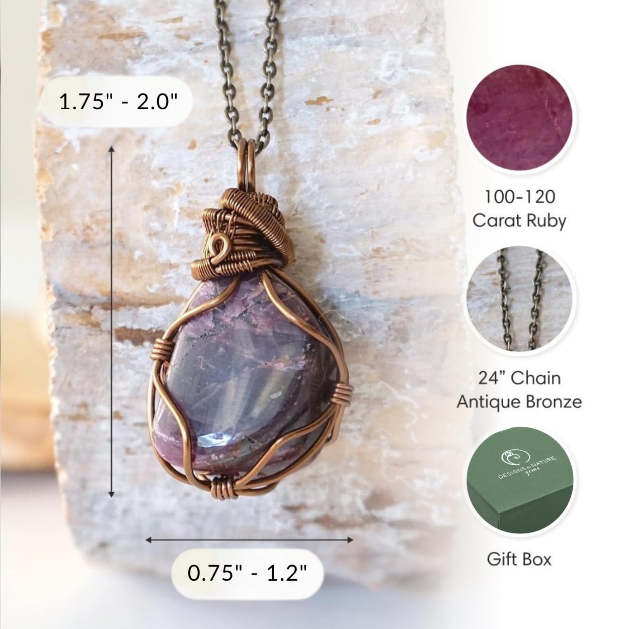 Designs by Nature Gems Natural Certified Ruby Necklace for Women - July Birthstone Necklace for Women - Designer Pendant Necklace - 100-120 Carat Ruby, Antique Bronze Chain