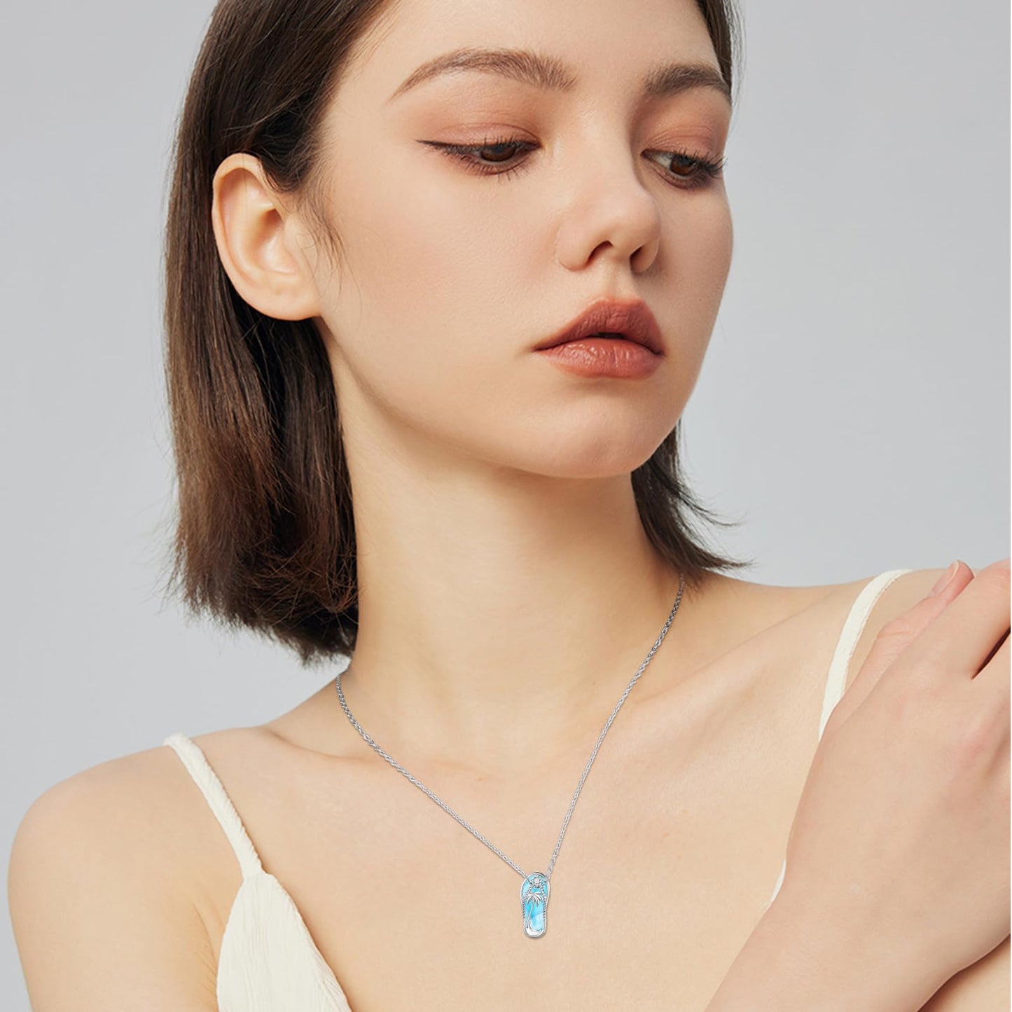 Midir&Etain Larimar Summer Vacation Necklace 925 Sterling Silver Flip Flops Hawaii Pendant Beachy Blue Necklace Coastal Natural Stone Jewelry for Women Prime