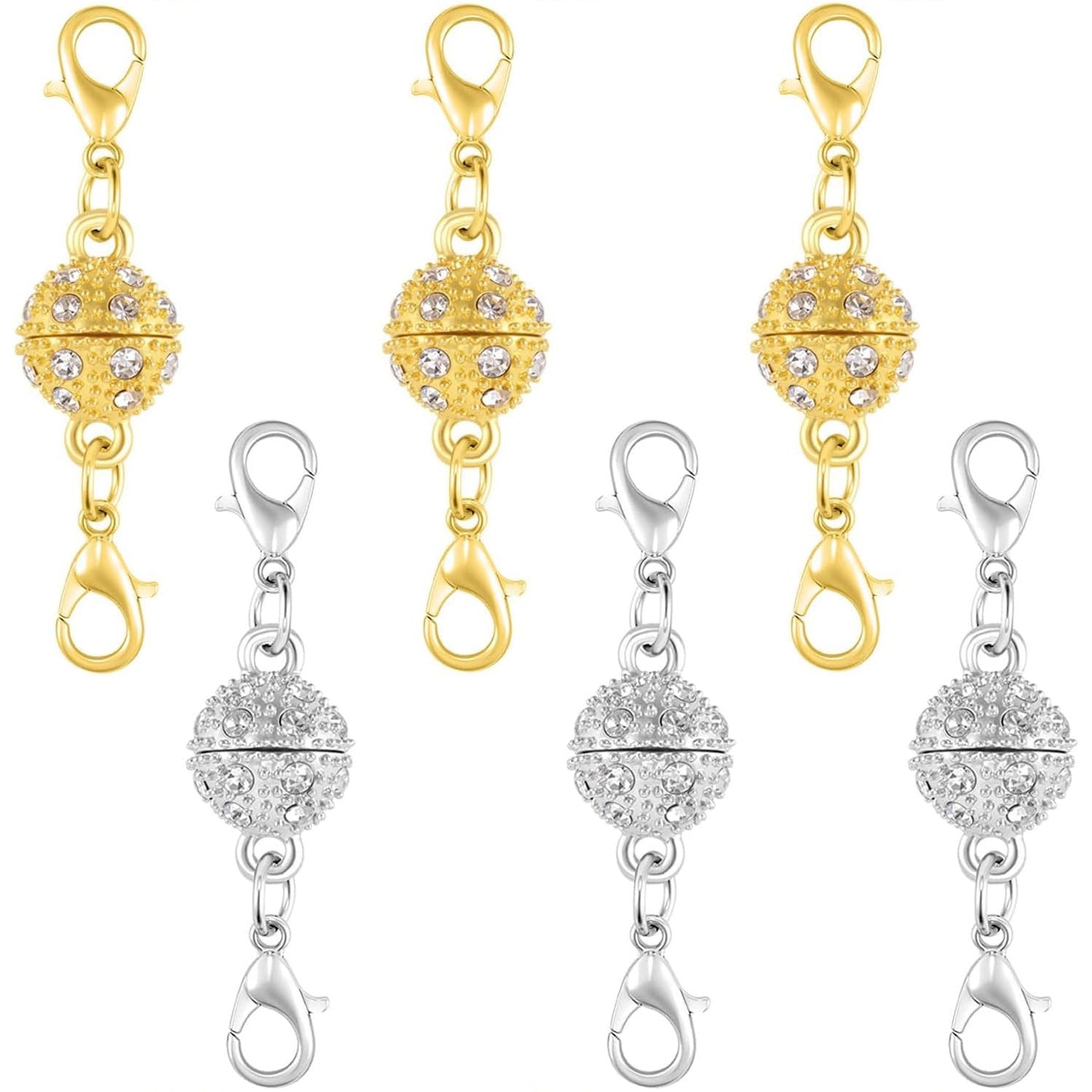 Magnetic Necklace Clasps, 18K Gold and Silver, Crystal Rhinestone Ball Connector with Lobster Clasp, Jewelry Extender for Necklaces, Bracelets (6pcs Golden Silvery)
