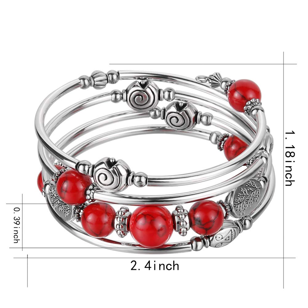 Beaded Pearl Bangle Wrap Bracelet - Fashion Bohemian Jewelry Multilayer Charm Bracelet with Thick Silver Metal Beads, Gift For Women(13-Red)
