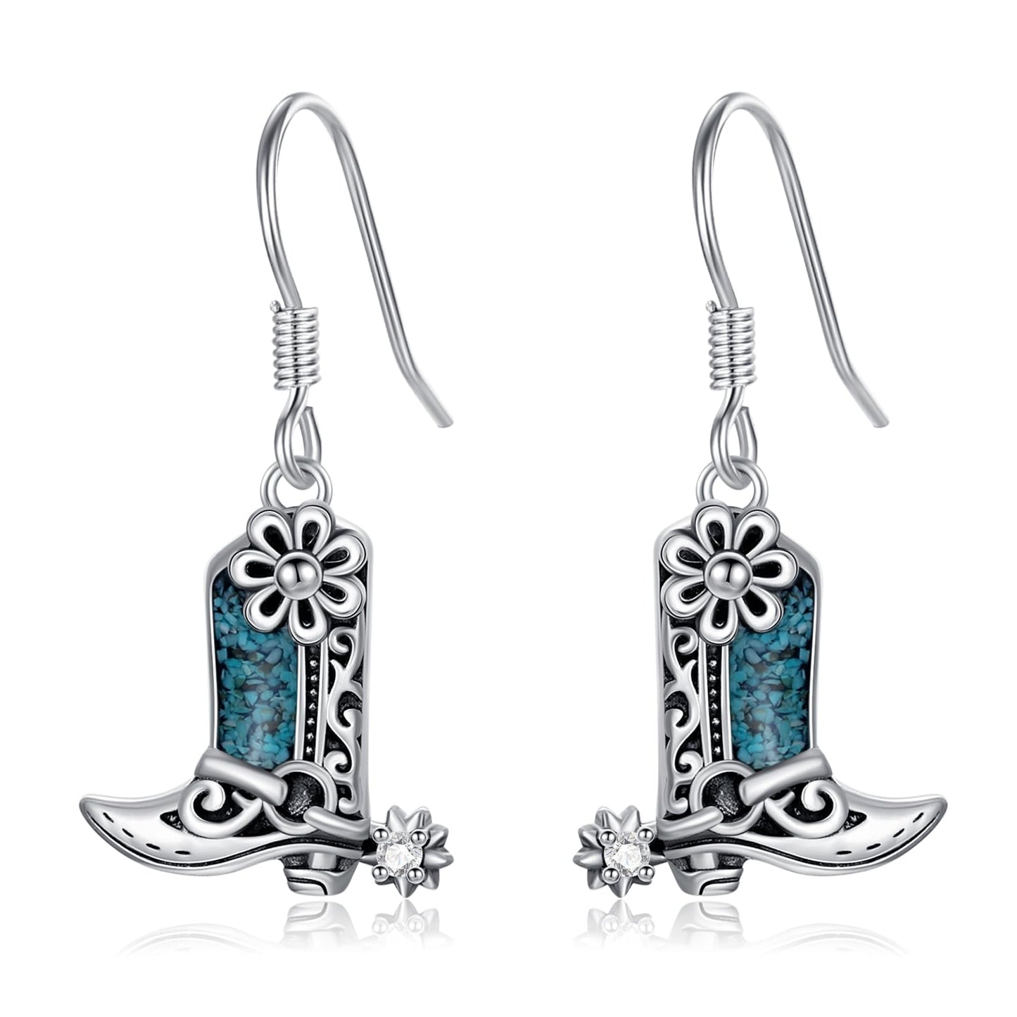 KoyeKei Cowgirl Boot Earrings 925 Sterling Silver Cowboy Texas Boot Dangle Drop Earrings Western Turquoise Cowboy Carter Jewelry Country Graduation Gifts for Women Her