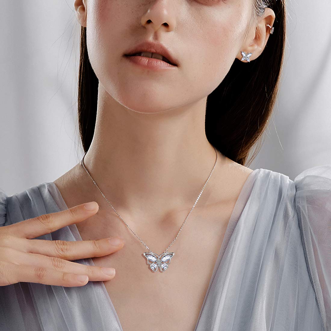 Hipunk Butterfly White Jewelry Sets Birthstone Women 925 Sterling Silver April-Diamond Birth Stone Animal Butterflies Jewelry Sets/Earring Set Crystal Birthday Jewelry SS0001W