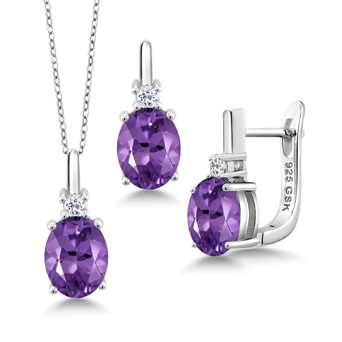 Gem Stone King 5.06 Ct Oval Purple Amethyst White Topaz 925 Sterling Silver Pendant and Earrings Jewelry Set