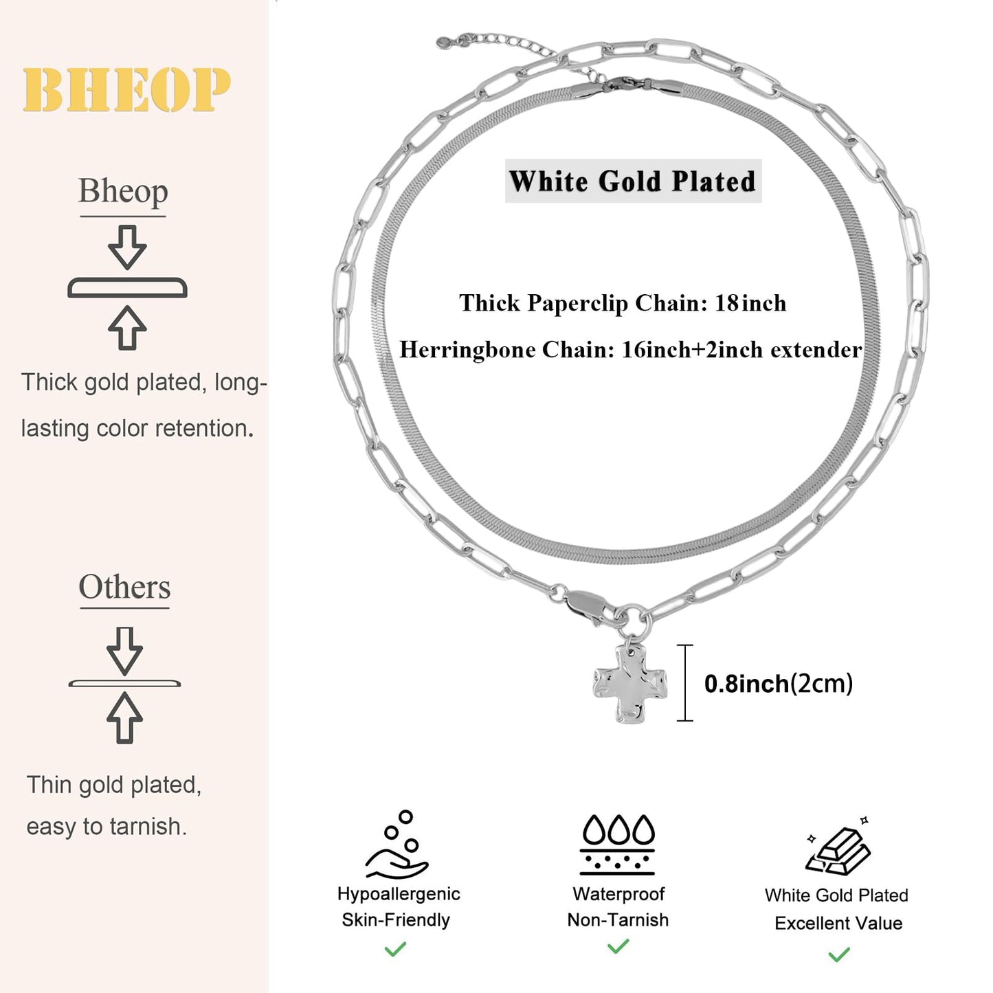 Bheop Chunky Cross Necklace for Women Trendy Silver Layered Statement Cross Pendant Charm Necklace Vintage Paperclip Herringbone Snake Choker Chain Costume Jewelry Set Gift Non Tarnish