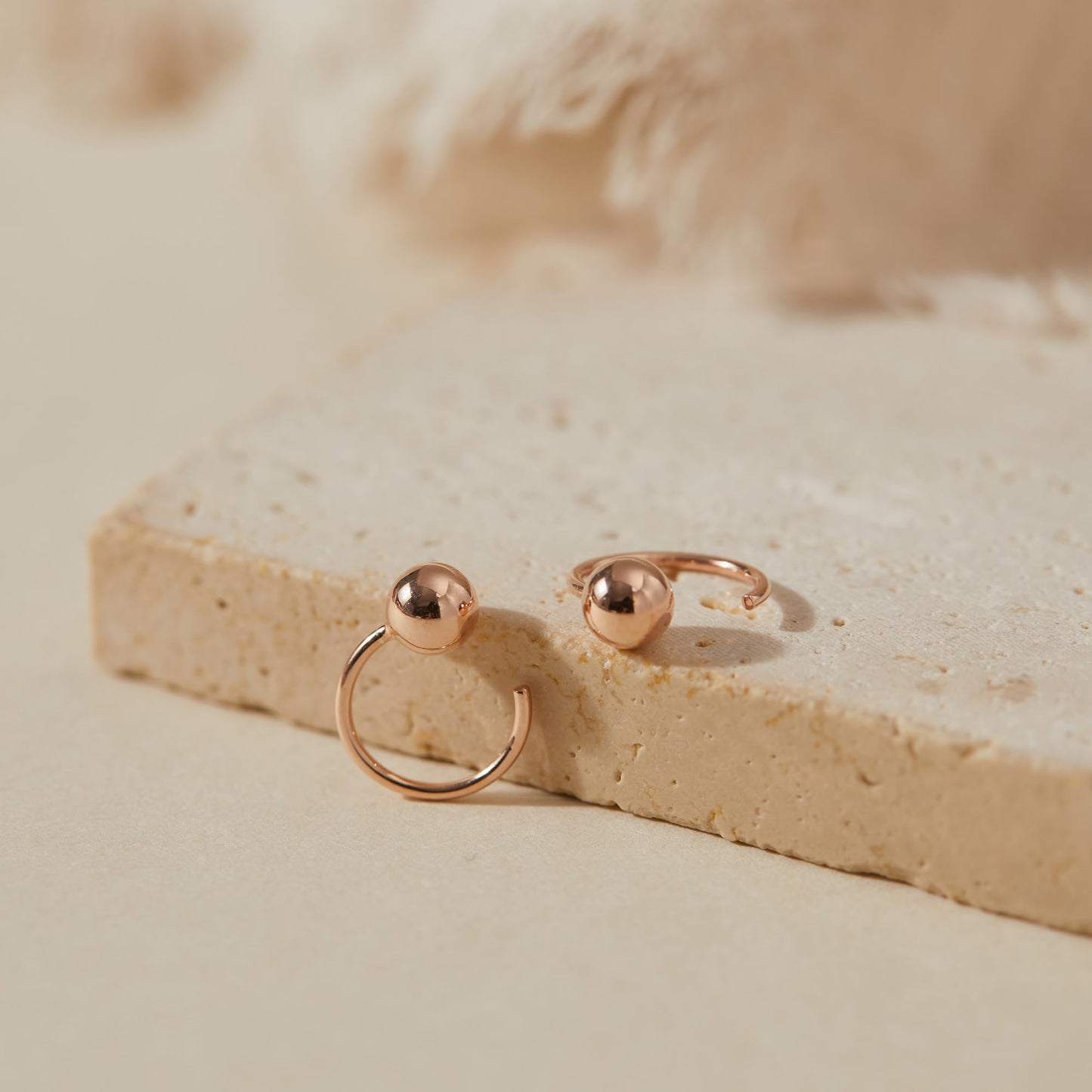 CHIC & ARTSY Backless Earrings for Women 18K Rose Gold Plated 925 Sterling Silver Half Huggie Hoop Earrings 5mm Ball No Back Earrings Stay Close Hoop Earrings