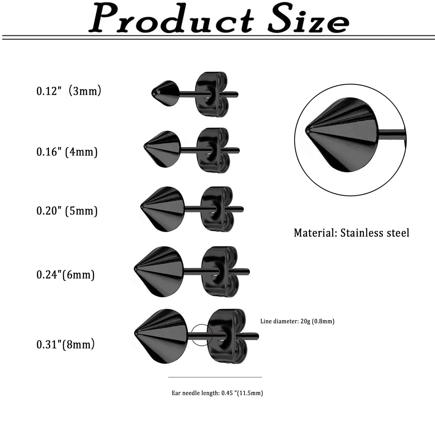 Aroncent 5 Pairs Fake Gauge Black Earrings Stainless Steel Fake Taper Spike Earrings Fake Plug Earrings Goth Punk Accessories Valentines Day Halloween Christmas Gift for Men Women