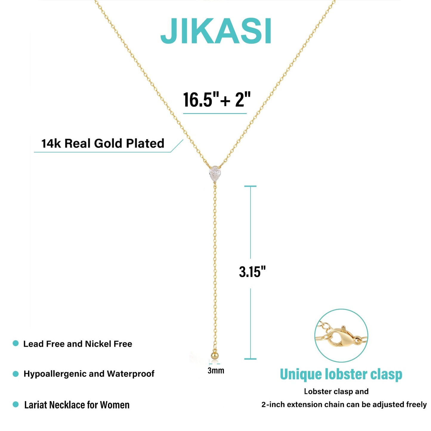 JIKASI Lariat Gold Long Necklaces for Women Trendy, Dainty Drop Long Chain Necklace Trendy 14k Gold Plated CZ Pendant Long Gold Chain Necklaces Simple Wedding Jewelry Gifts