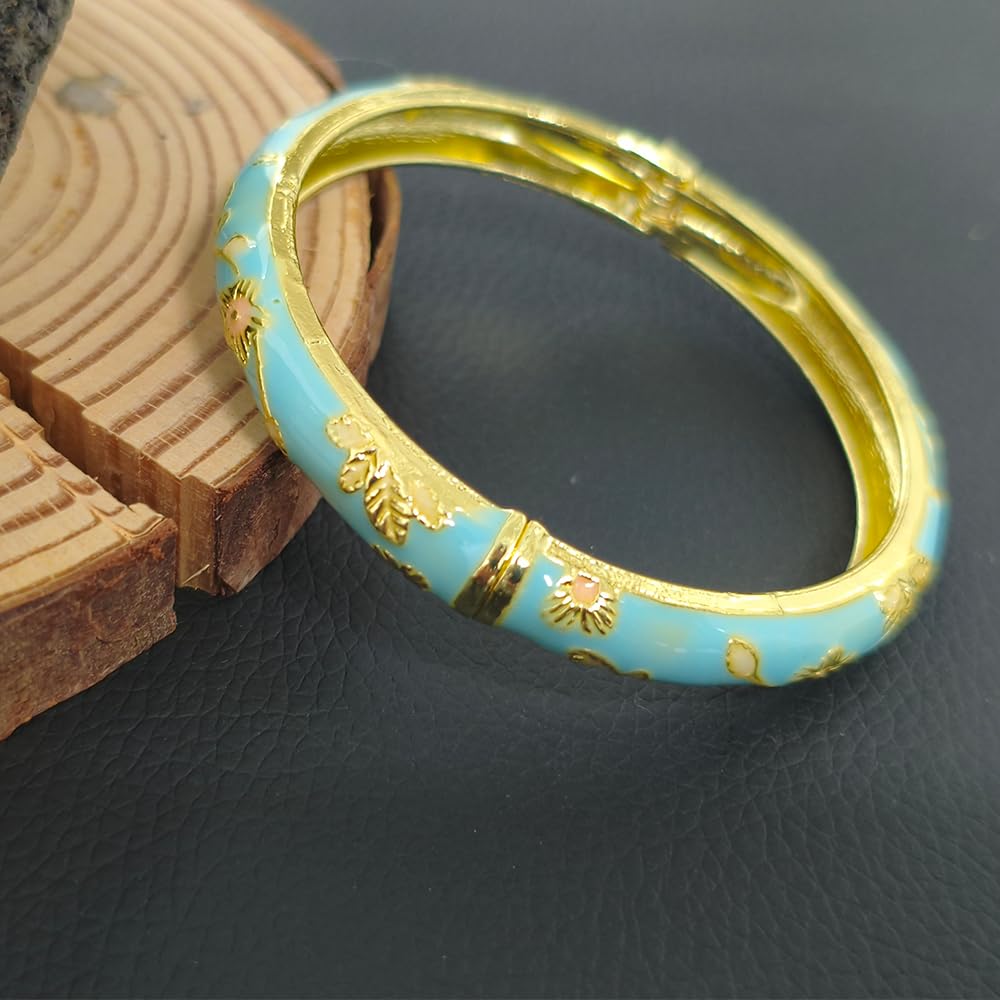 Cloisonne Bracelet For Women, Chunky Bangle Trendy Cute Flower Enamel Bangles Multi Tone Engraved Cuff Gold Plated Bracelets Stackable Wife Jewelry Friendship Gift (Blue&White Set, One Size)