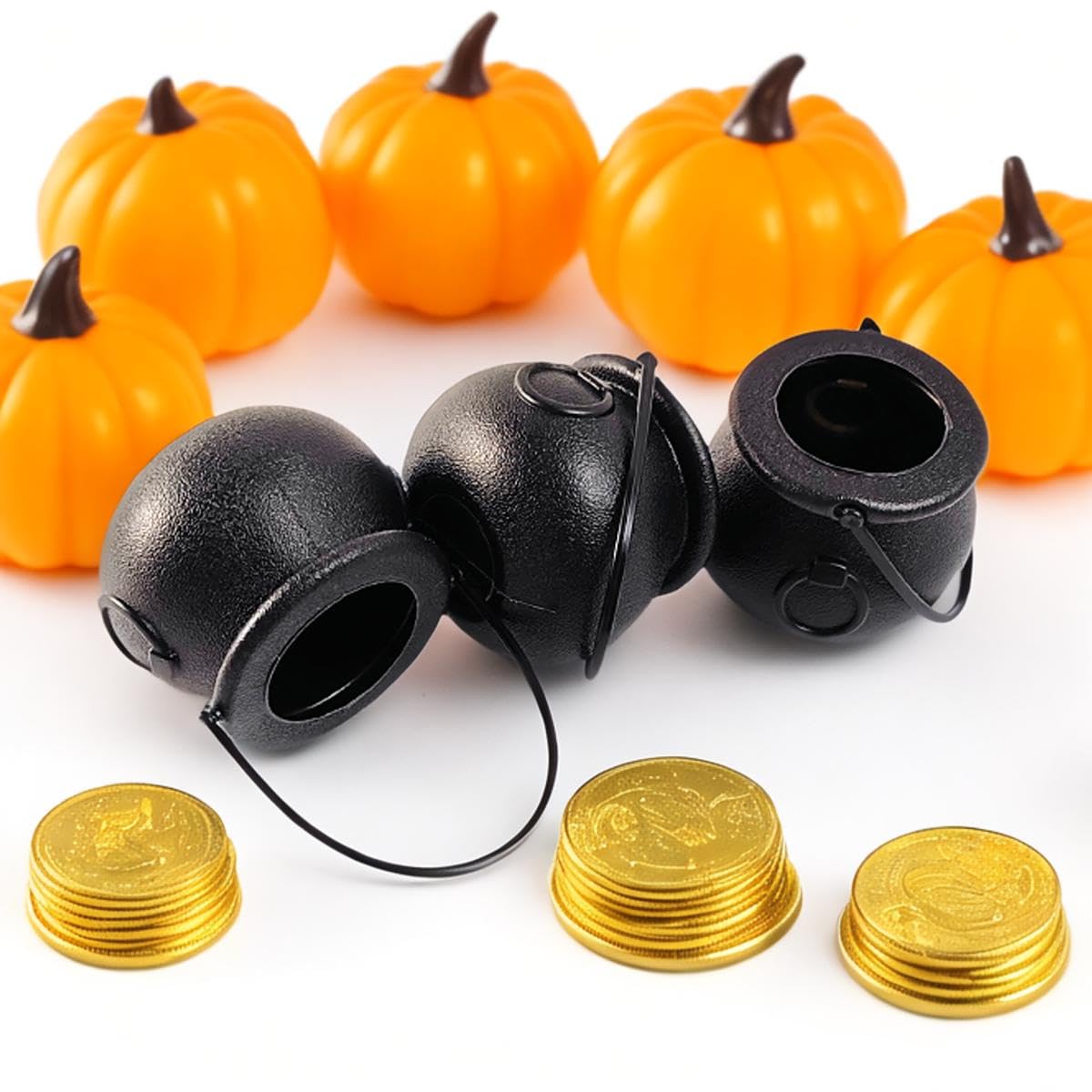 TIHOOD 12PCS 2.75” Spooky Halloween Candy Cauldrons - Mini Black Cauldron Children Bucket Toys for St. Patrick’s Day Pot of Gold, Trick or Treat, Halloween Decoration and Kid Birthday Party Favors