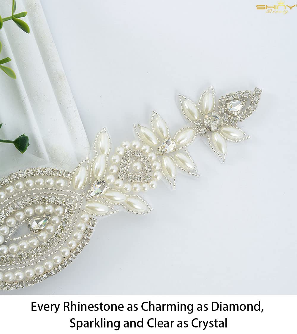 ShiDianYi Wedding Belt Applique Bridal Belt Rhinestone Applique Silver Wedding Dress Sash Belt Applique Crystal Rhinestone Off White Pearls…
