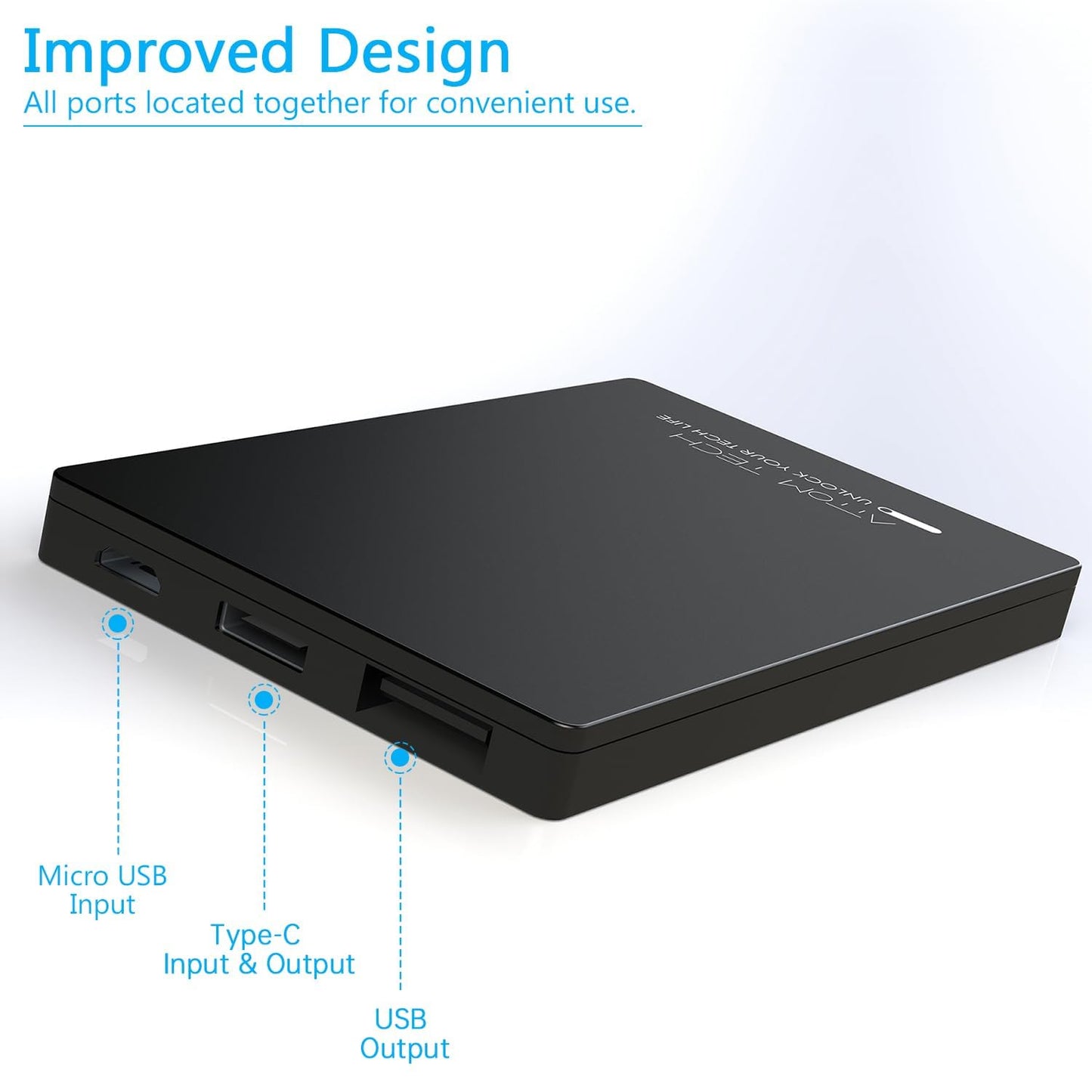 Attom Tech Dual USB Output Super Slim Power Bank Ultra Thin, 3000mAh Portable Charger Mini External Phone Battery Pack Small Dual Outlet, Emergency Phone Power Backup (Black)