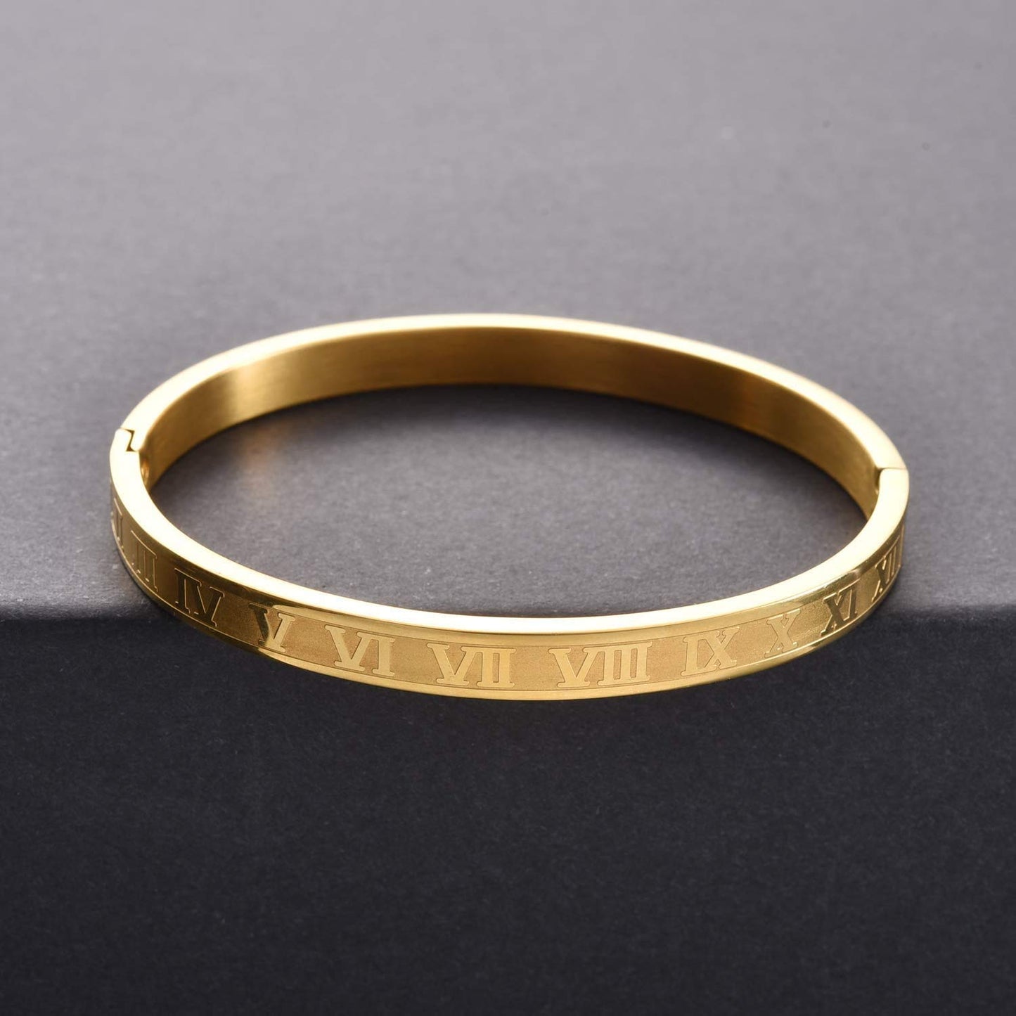 Jarlinwel Gold Silver Plated Bracelets for Men Women Roman Numeral Bangle Bracelet Stainless Steel Personalized Engraved Unisex Gift (Gold 6mm Womens)