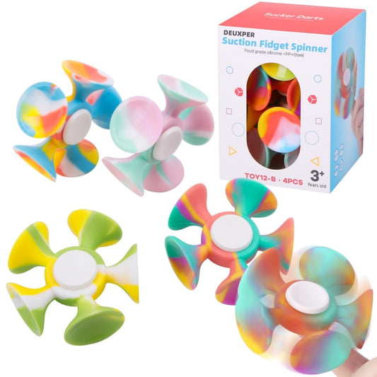 4 Pack Fidget Spinner with Suction Cup - Safe and Soft Sensory Anxiety Relief Toy for Adults and Kids 8-12 | Perfect Suction Dart Target Game, Classroom Focus Tool & Party Favors