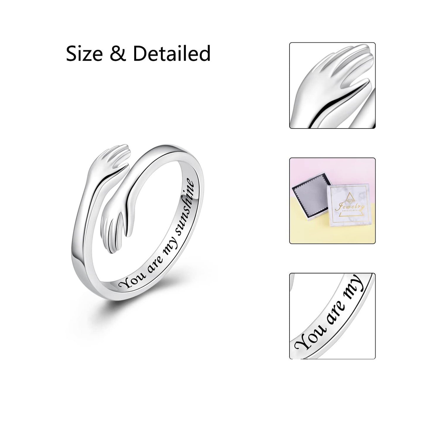 ACJFA Hug Rings for Women Sterling Silver Adjustable Ring for Women Daughter Hand Ring Jewelry for Birthday Gifts Holiday Gift for Teens(You are my sunshine)