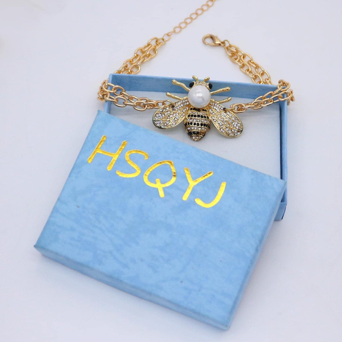 Honey Bee Turquoise Beaded Bracelet Crystal Insect Themed Bee Chain Link Bracelets Animal Fashion Shell Pearl Elastic Bracelets Gold Tone (White Pearl Chain)