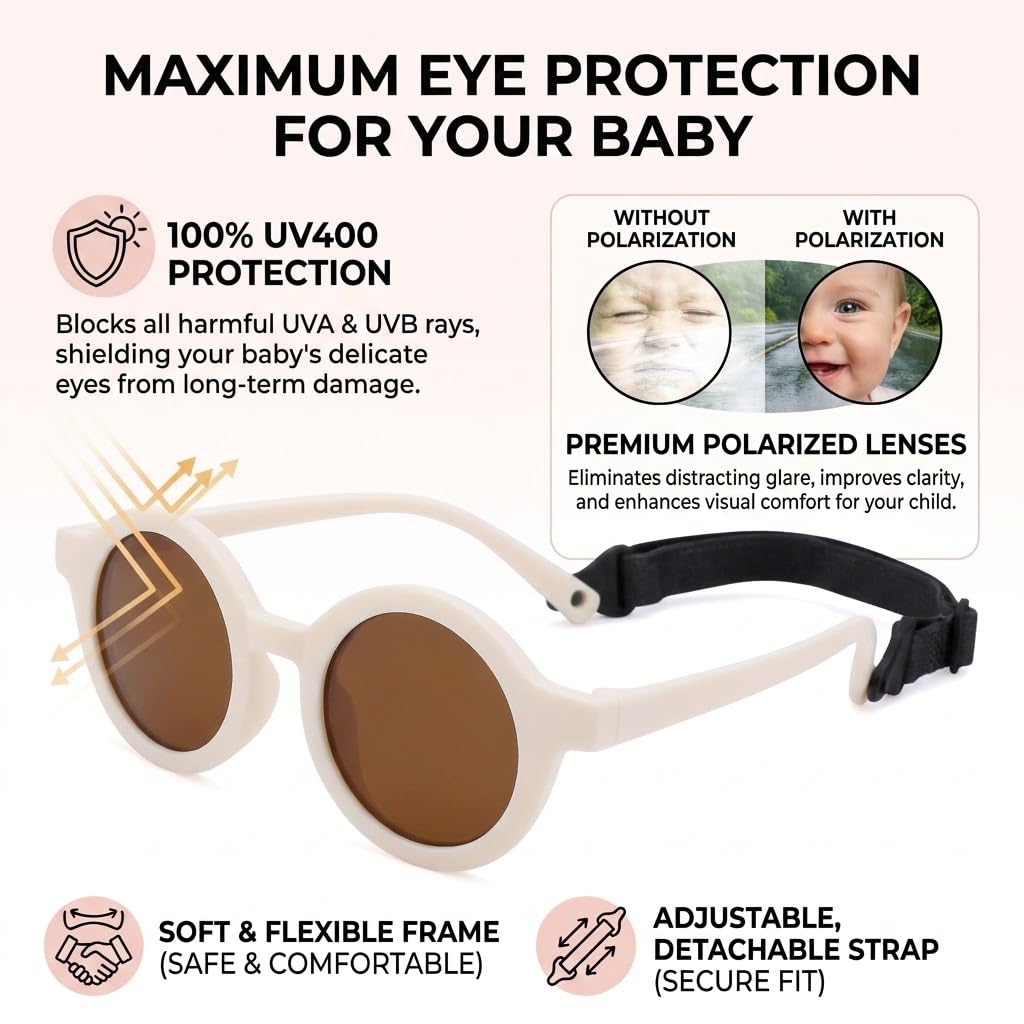 COASION Baby Polarized Round Sunglasses Flexible Rubber Shades with Strap for Toddler Newborn Infant Ages 0-24 Months (Pink/Brown + White/Brown)