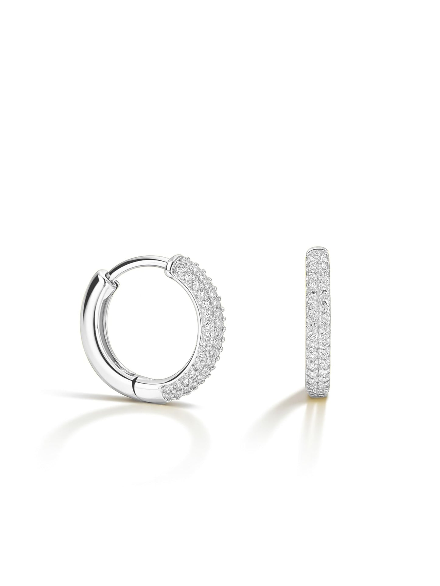 Altitude Boutique CZ Pave Huggie Hoop Earrings | 14K Gold-Plated or Rhodium-Plated | 4-Row Cubic Zirconia Hoops in 17mm or 25mm | Hypoallergenic Modern Statement Hoop Earrings for Women (Silver, 17mm)