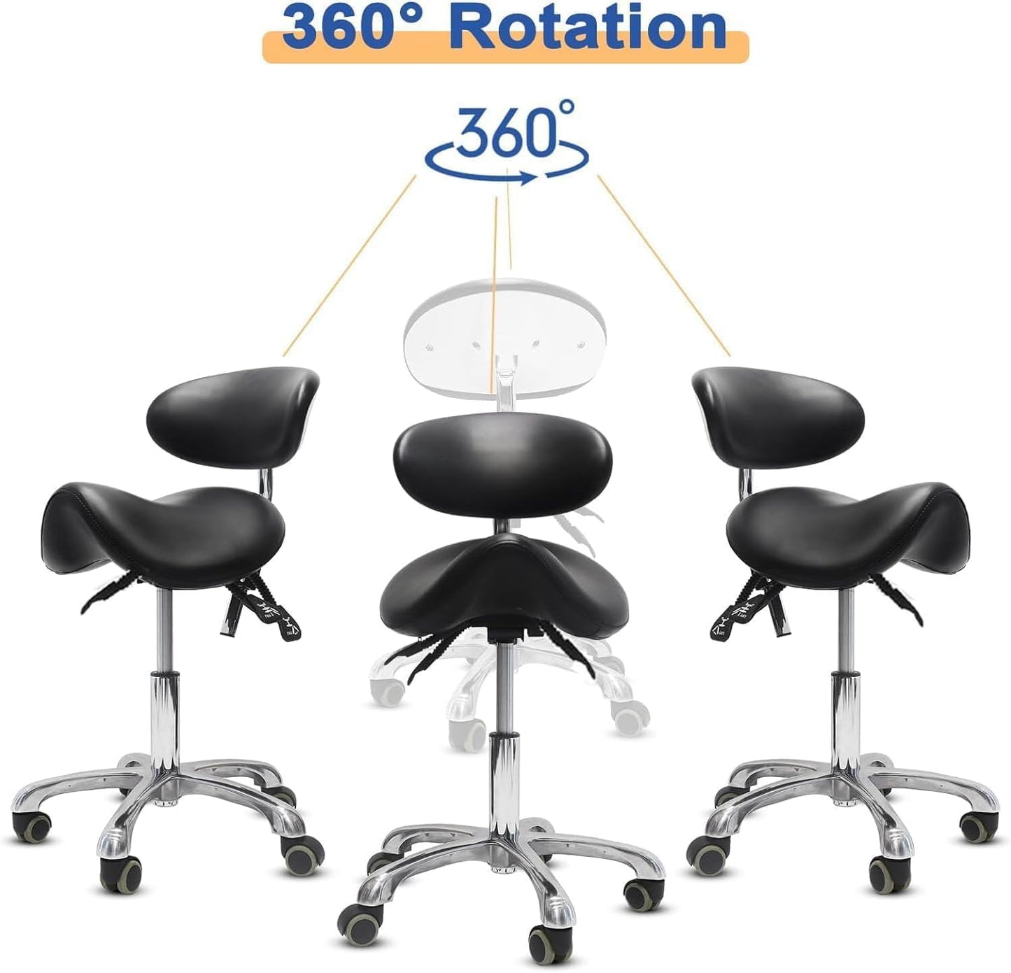 LIMKOMES Saddle Stool with Wheels,3-Way Function Rolling Stool with Back Support,Ergonomic Stool Saddle Stool for Hair Stylist for Dentist Salon Tattoo(Black)