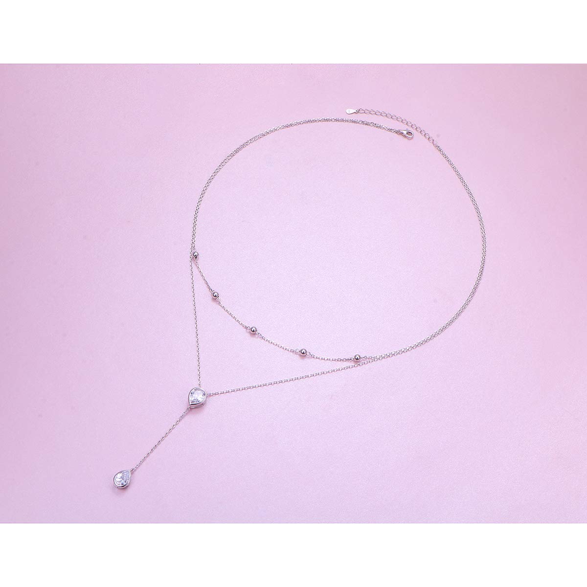FLYOW S925 Sterling Silver Double Layered Necklace Teardrop CZ Choker Y Lariat Necklace Birthday Gifts for Women Wife Fiancée