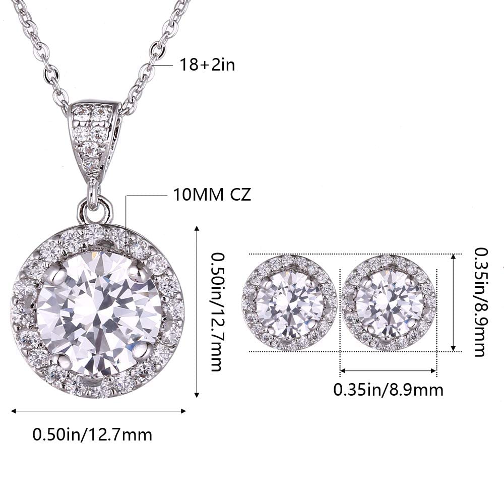 AMYJANE Crystal Jewelry Set Bride Bridesmaid- Sterling Silver Round Cubic Zirconia Crystal cz Bridal Pendant Necklace Earrings Set for Women Party Prom