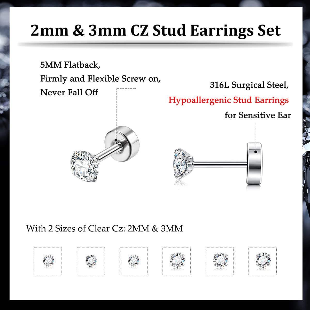 Fansilver 20G Hypoallergenic Flat Back Earrings for Women Men Silver 14K Gold Stainless Steel Stud Earrings Brithstone Cubic Zirconia Studs Surgical Steel Cartilage Earrings for Sensitive Ears