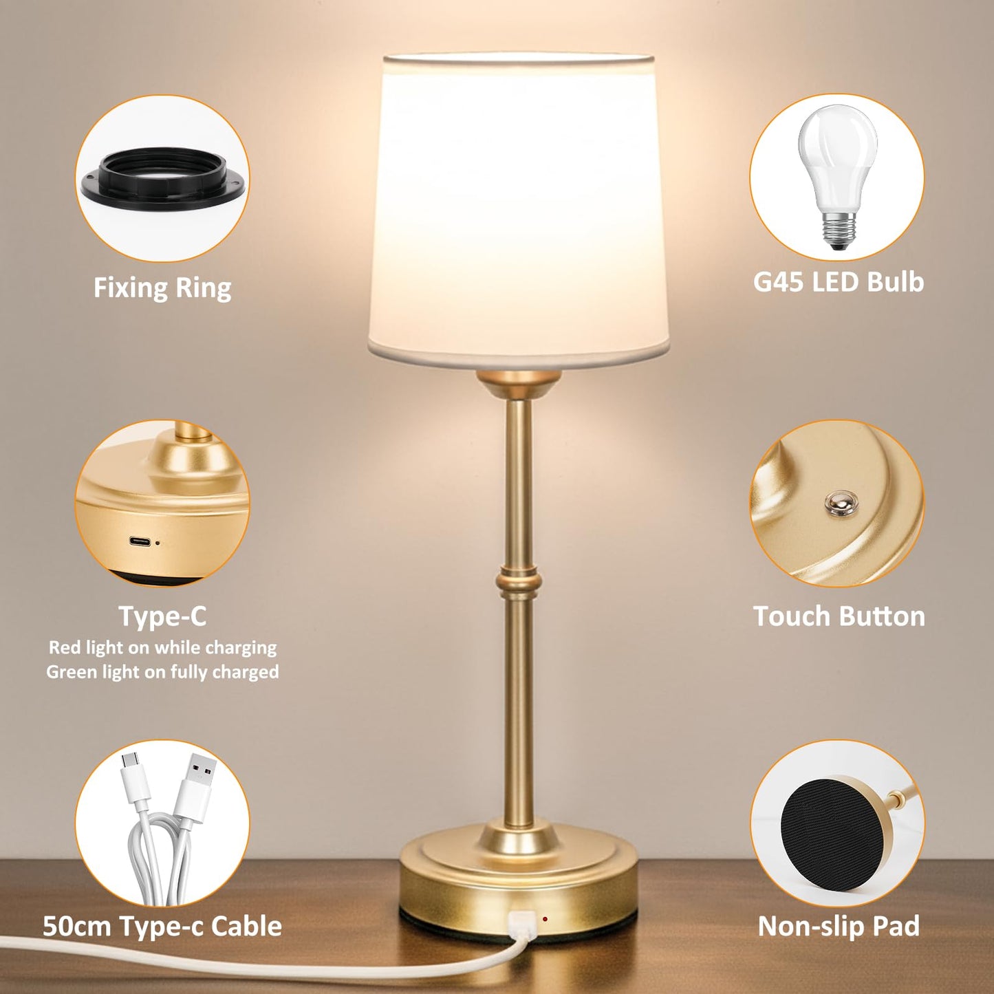 Cordless Table Lamp Rechargeable, Portable Battery Operated Light for Bedroom Living Room, 6000mAh Fabric Shade Desk Lamp 3000K Eye-Caring Home Decor for Dining Balcony Patio Counter Nightstand Hotel
