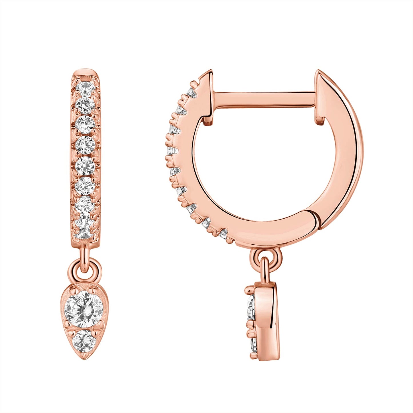 PAVOI 14K Rose Gold Plated 925 Sterling Silver Post Dangle Huggie Hoop Earrings For Women - Trendy Tear Drop Shaped Cubic Zirconia Hoop Earrings - Small Hinged Huggies