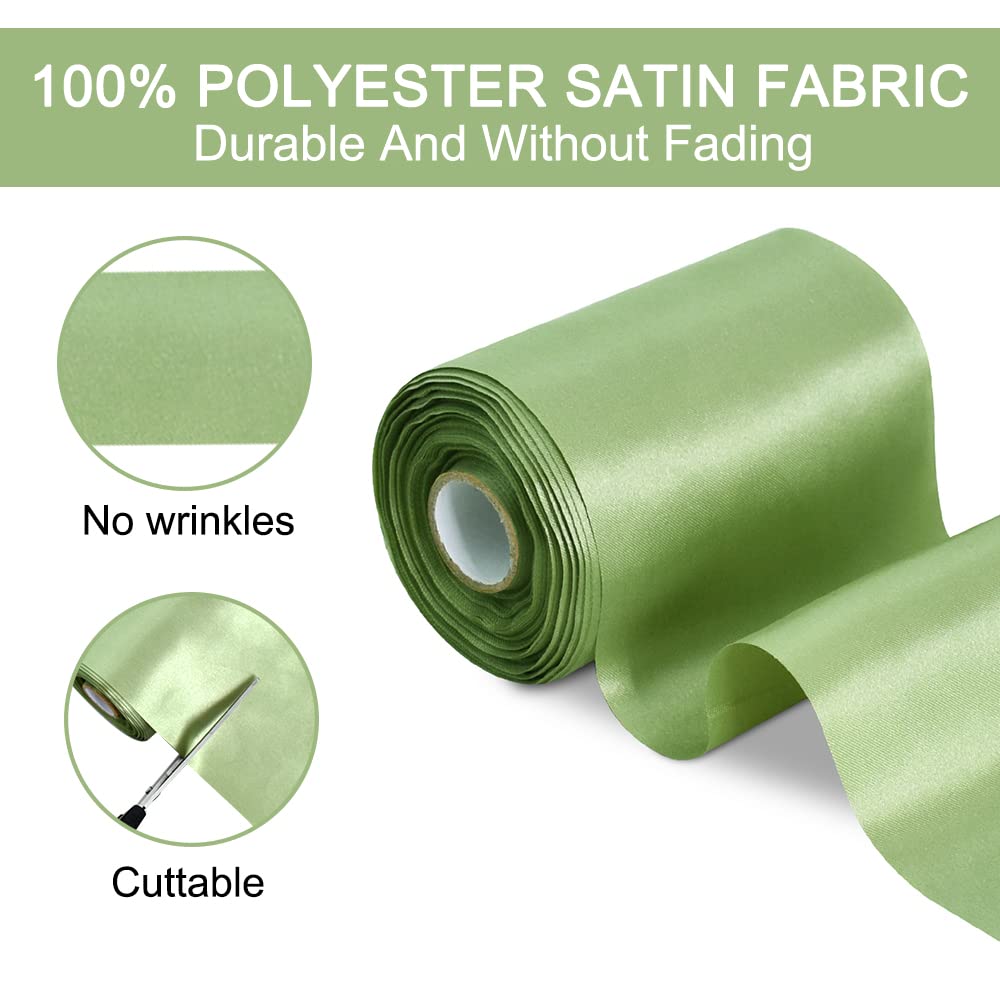 TONIFUL 4 Inch Wide Sage Olive Green Solid Satin Ribbon 22yd Fabric Large Ribbon for Cutting Ceremony Grand Opening Chair Sashes Table Hair Car Bows Floral Craft Sewing Wedding Party Decoration