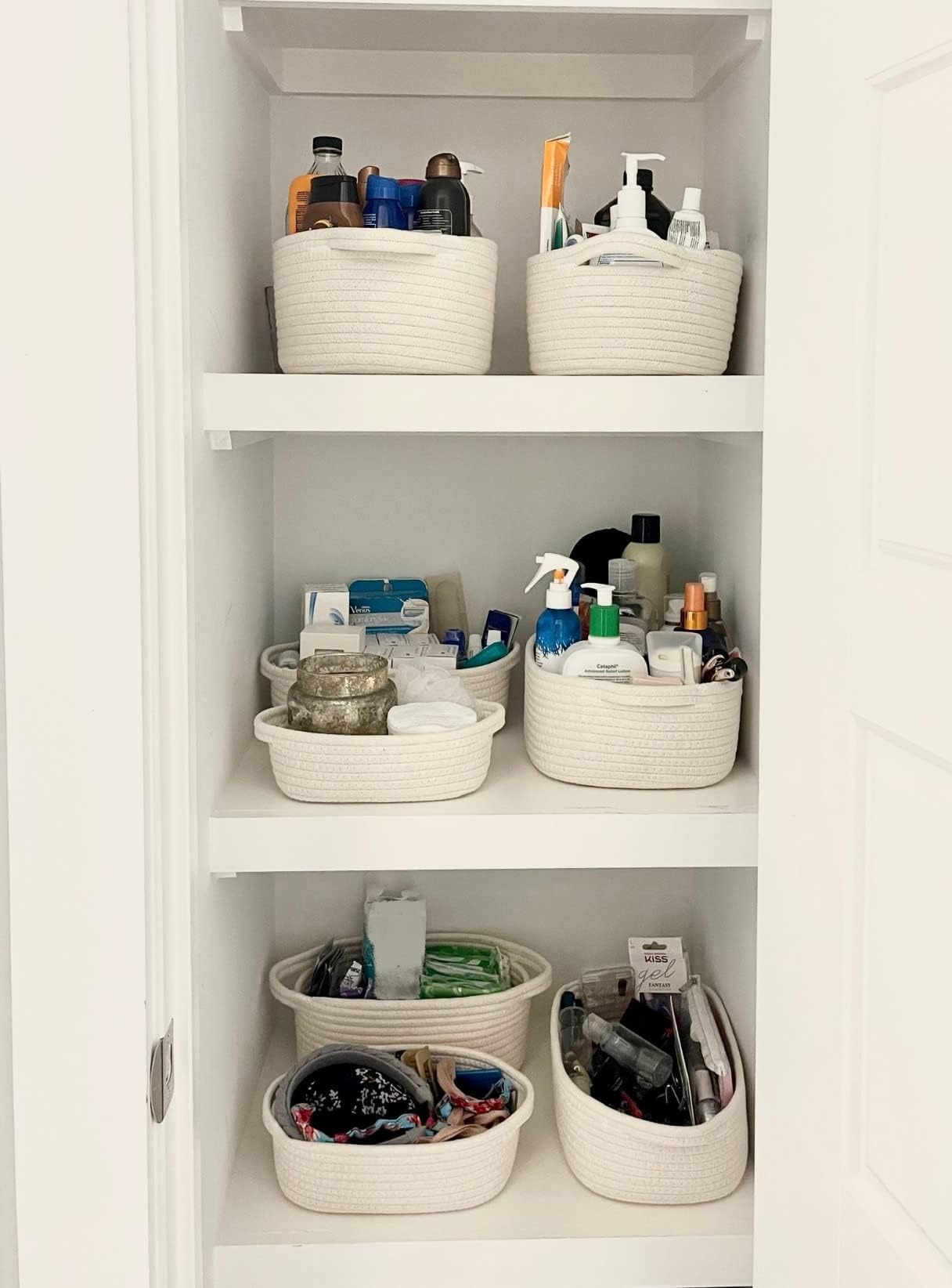 CubesLand Small Woven Rope Toys Basket for Organizing Set 5, Shelves Closet Storage Bins, Empty Gift Baby Shower Basket Also Perfect for Toilet Paper Storage, Organizer Bins Off White