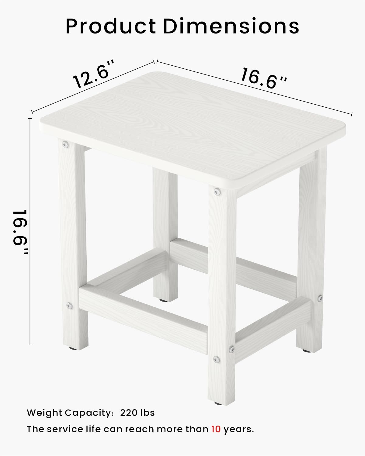 BIVODA Weatherproof Outdoor Side Table, HDPE Small Outdoor Table for Adirondack, 16.6-Inch Patio Square End Tables for Garden, Backyard, Porch, Deck, Balcony, Poolside (White)