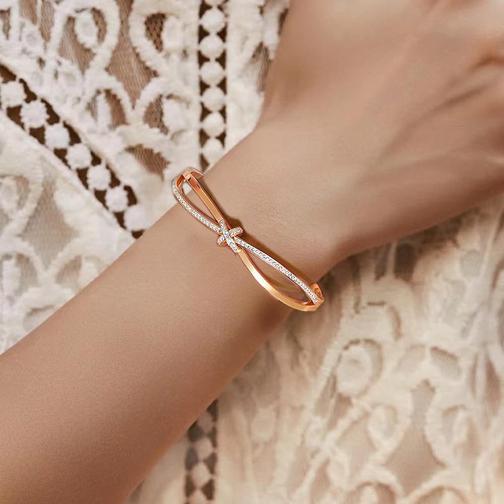 Bow Bangle Bracelet for Women Personalized Cubic Zirconia Stainless Steel Bracelets Oval Butterfly Knot Bangles Bracelets Gifts for Love （Rose）