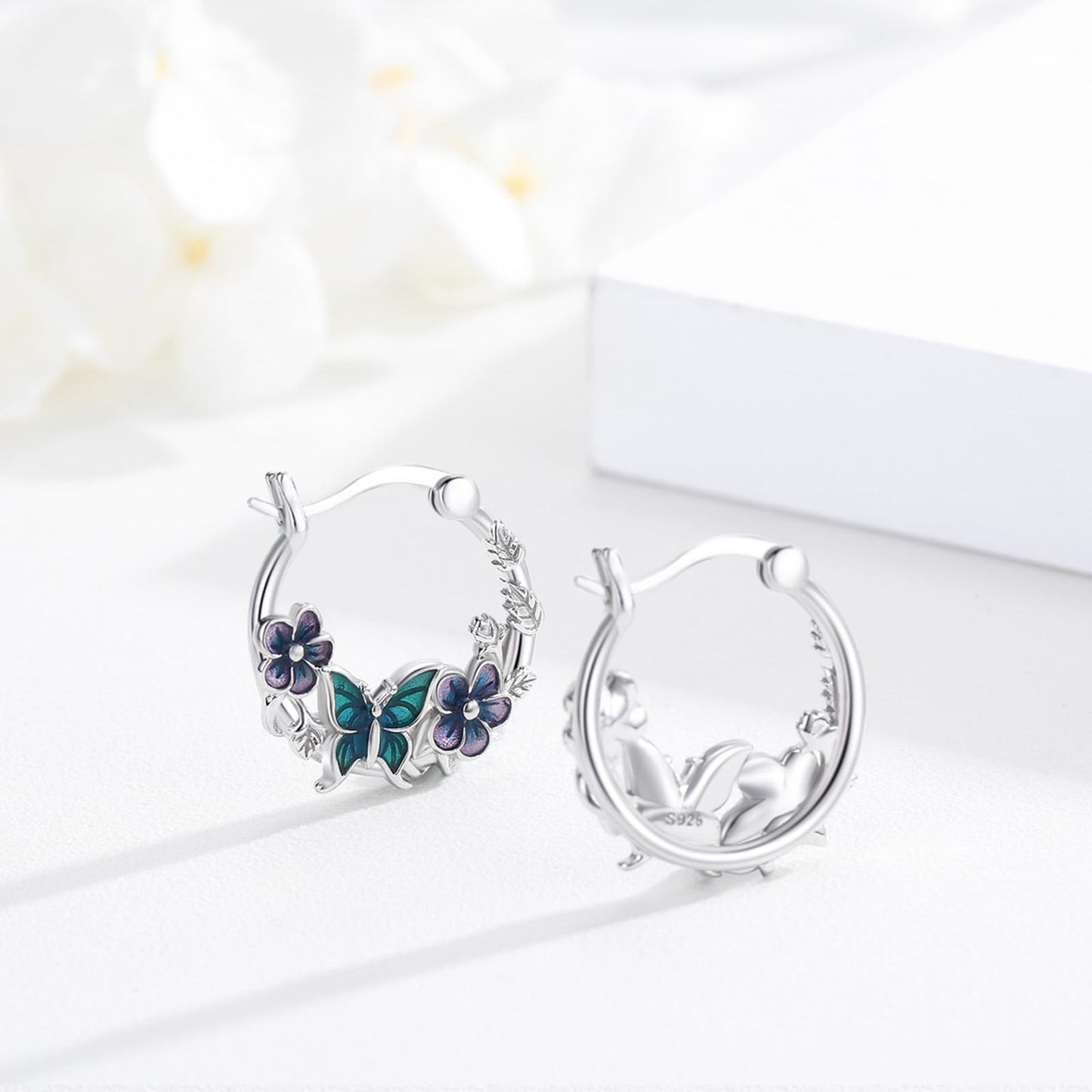 JUSTKIDSTOY Butterfly Earrings 925 Sterling Silver Purple Flower Hoop Earrings Jewelry Butterfly Graduation Gifts for Women Daughter Her