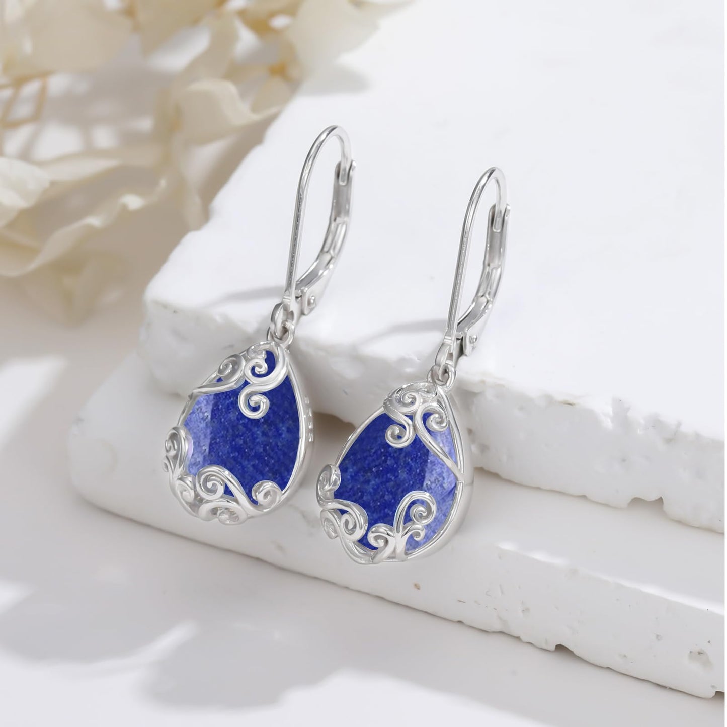 KoyeKei Lapis Lazuli Filigree Leverback Earrings for Women 925 Sterling Silver Lapis Lazuli Teardrop Dangle Drop Earrings Jewelry Filigree Graduation Birthday Gifts for Lover Girlfriend Her