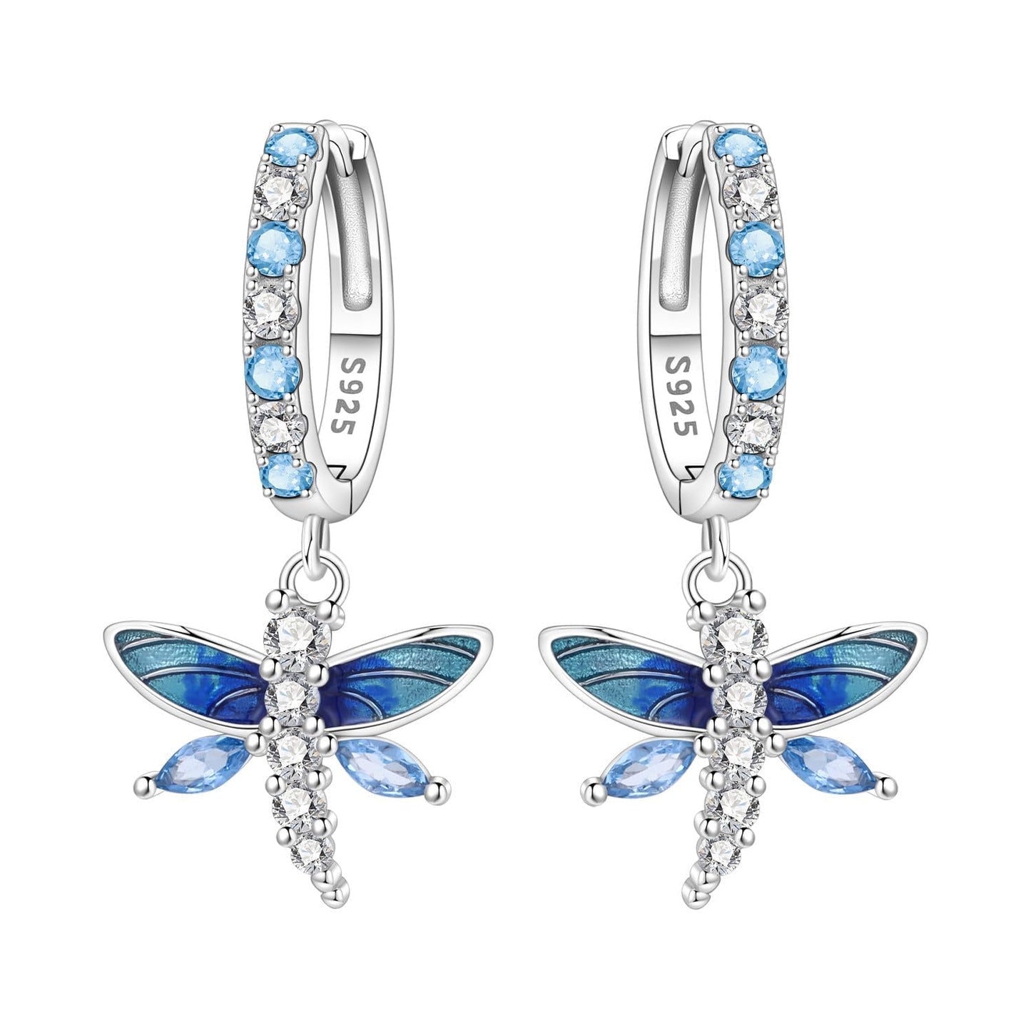 vireau 925 Sterling Silver Drop Earrings Dragonfly Flower Moon Star Dangle Earrings Hypoallergenic Sterling Silver Earrings Jewelry for Women (Blue Dragonfly)