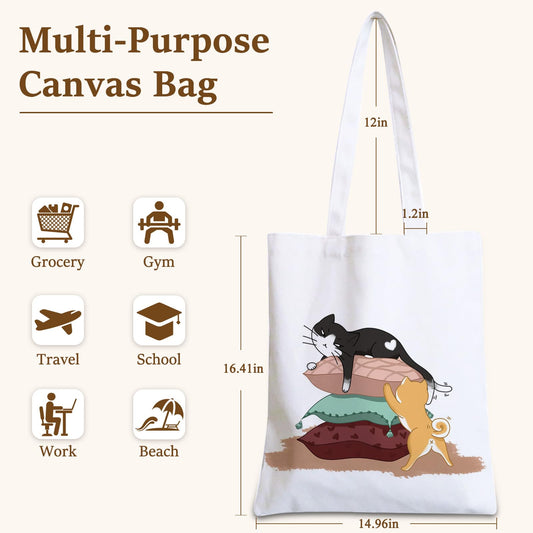 GICDSU Black Cat Cotton Canvas Tote Bag with Zipper, Reusable Grocery Bags, Beach Foldable Tote Bag for Women, Funny Totebag with Inner Pocket for Shopping Travel Gym Work