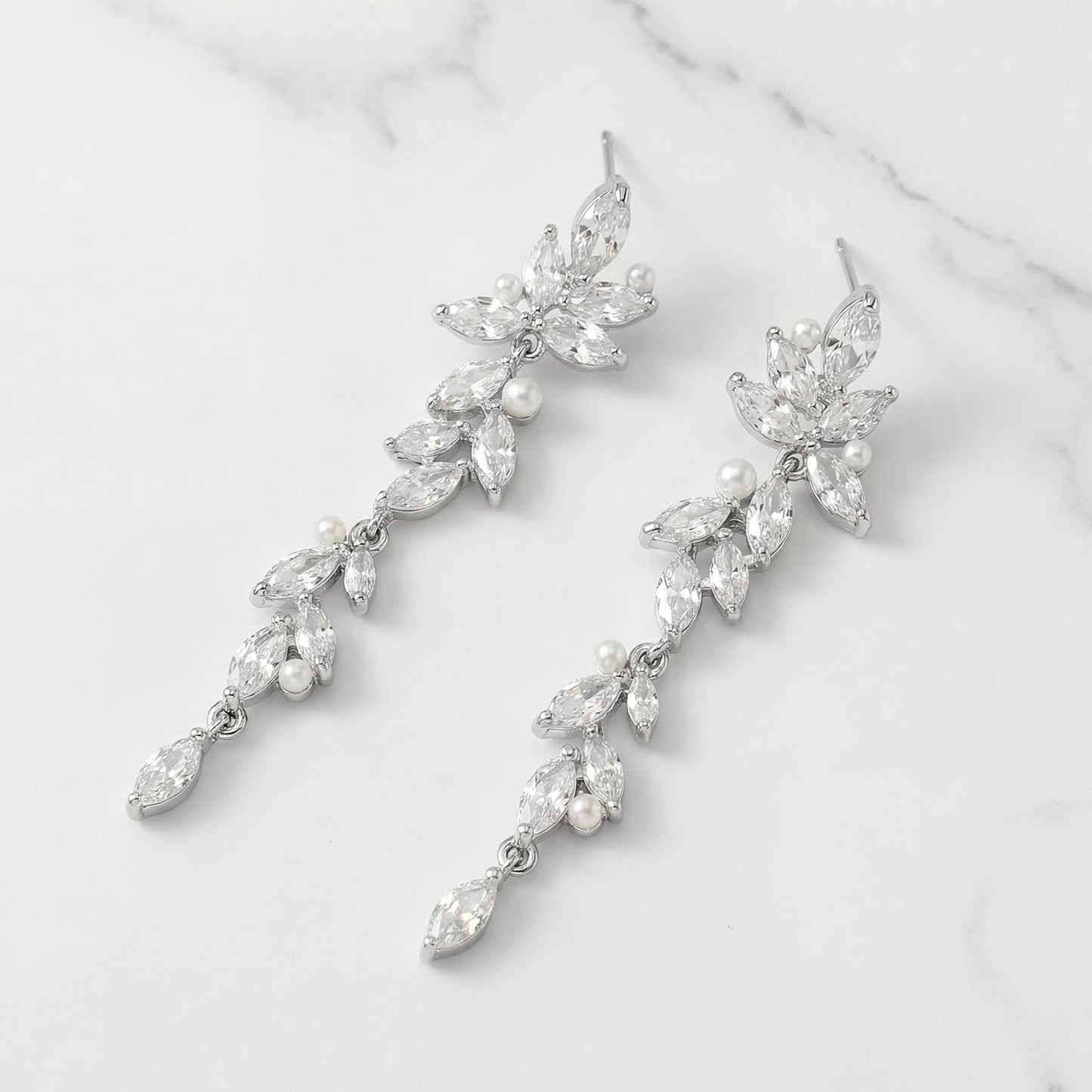 SWEETV Marquise Cubic Zirconia Dangle Earrings for Women, Crystal Wedding Bridal Drop Earrings for Brides Bridesmaids, Chandelier Earrings for Anniversary Prom Jewelry Gift, Silver-Style01