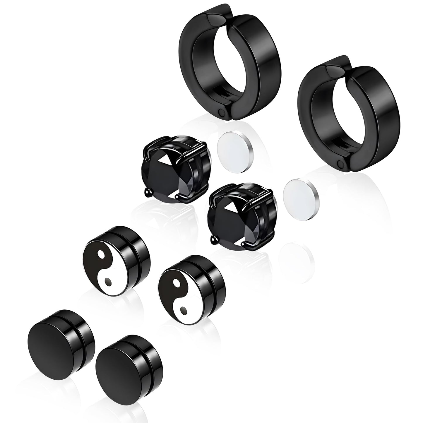 Trinckle Magnetic Earrings for Men and Women, 4 Pairs Black Magnet Earrings Stainless Steel Stud Hypoallergenic Clip on Magnetic Studs Aretes De Imanes Para Hombre Men's Jewelry