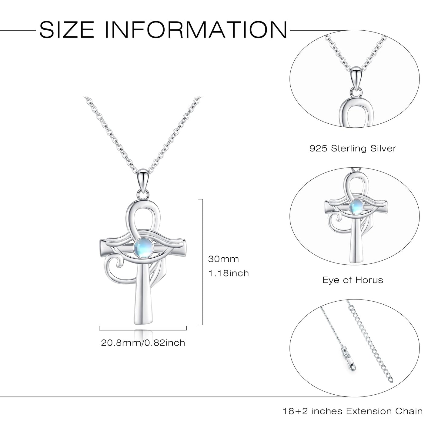 Eye of Horus Necklace S925 Sterling Silver Ankh Cross Necklace with Moonstone Egyptian Eye of Horus Protection Cross Jewelry Gifts for Women Birthday Christmas