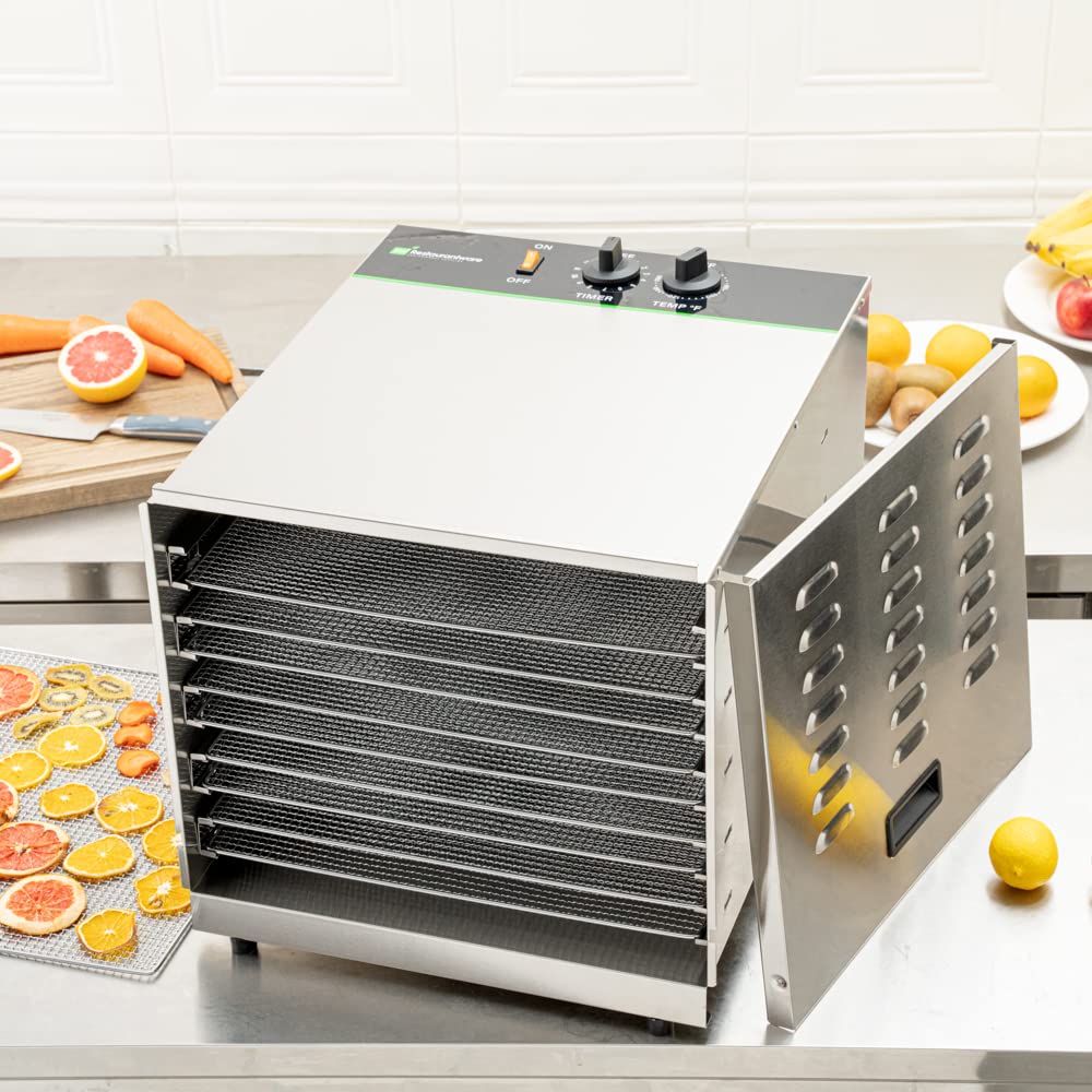 Restaurantware Hi Tek Food Dehydrator 1 Food Dryer Machine - 120V/1000W 10 Shelves Stainless Steel Dehydrator For Food Built-In Timer No-Slip Feet Removable Door