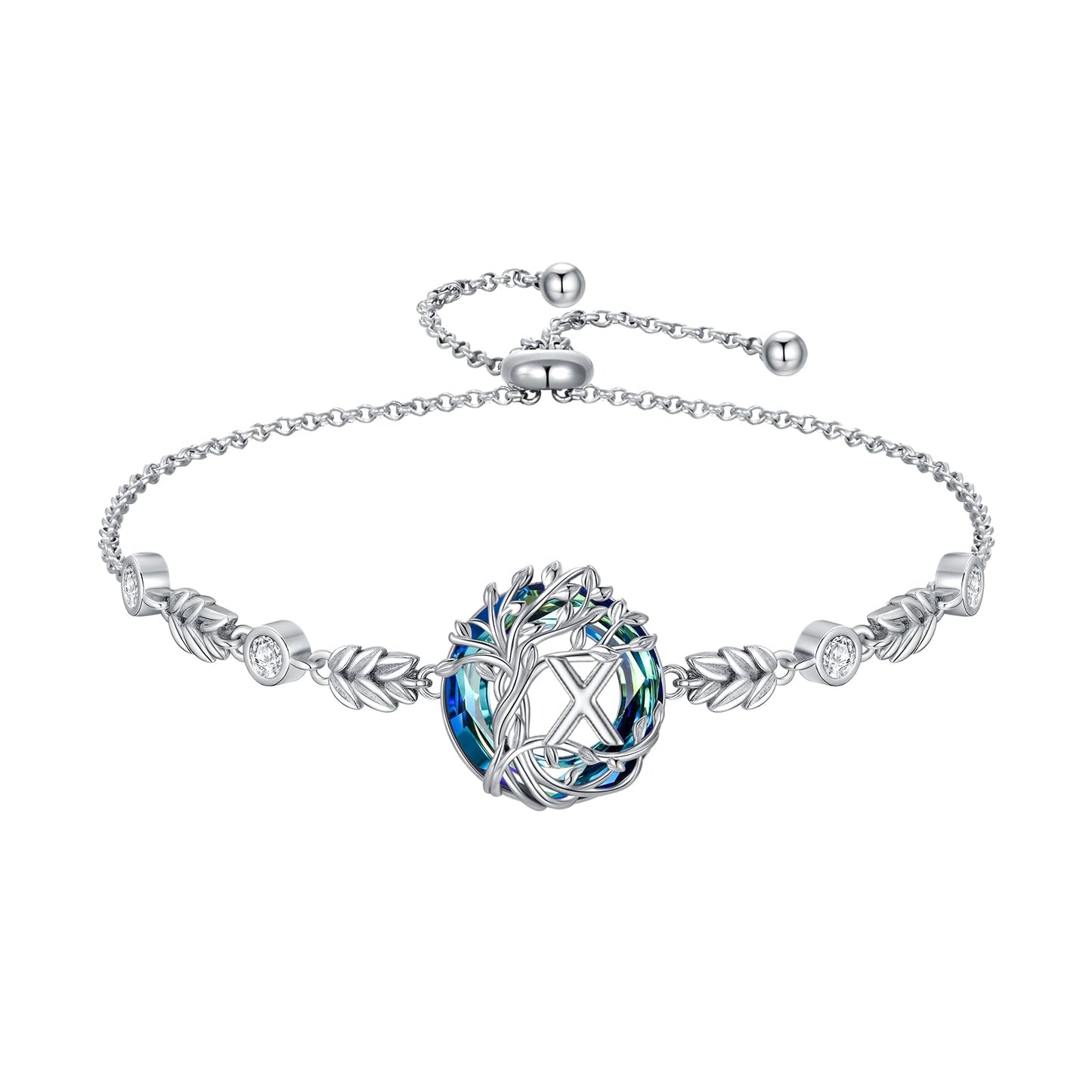 TOUPOP Tree of Life Initial Bracelet Sterling Silver Initials X Letter Link Bracelets Blue Circle Crystal Family Tree Birthday Mothers Day Jewelry Gifts for Women Mom Wife