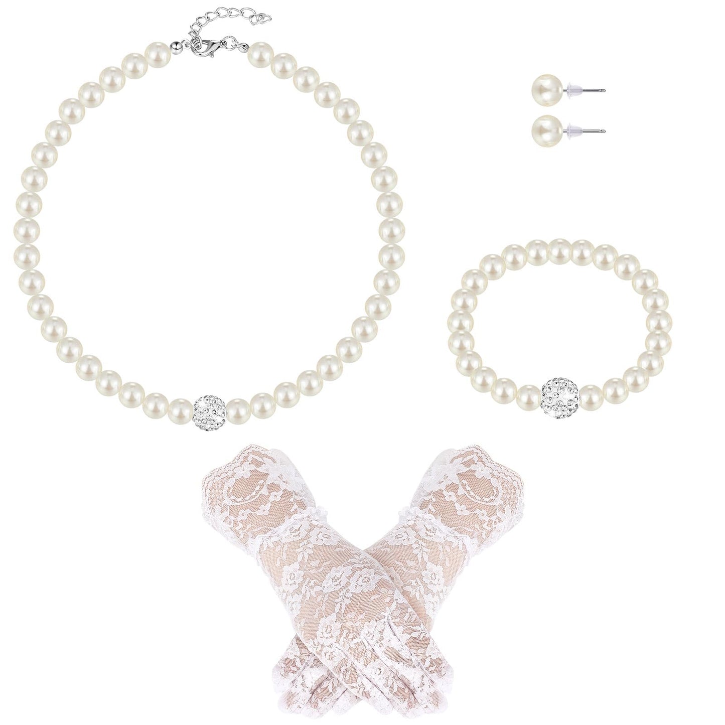 Geyoga 4 Pcs Pearl Necklace Set for Little Girls Toddler Girls Jewelry Communion Gloves for Kids Christmas Tea Party Wedding(Exquisite Style,8-12 Years)