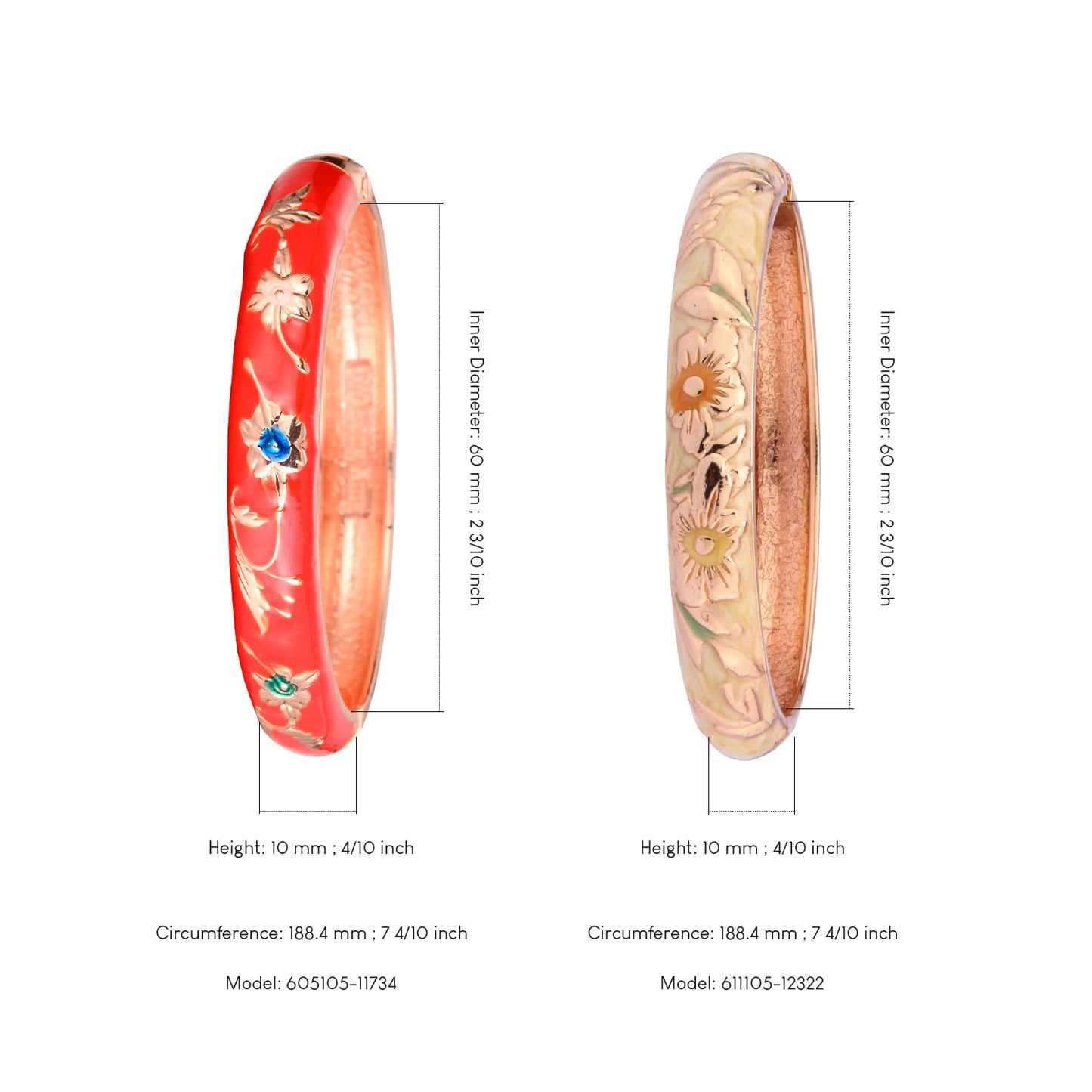 UJOY Vintage Cloisonne Bangles Bracelet Enamel Floral Spring Cuff Clasp Indian Golden Jewelry for Women 55A81-55A103 red Yellow