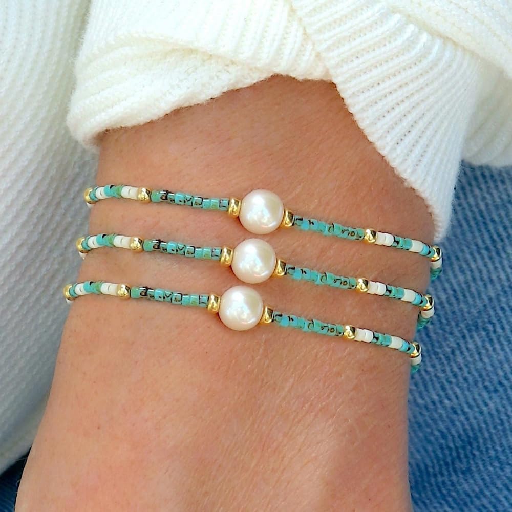 Opalencian Aventurine Pearl Beaded Stackable Bracelet for Women,3PCS/set Stack Green Beads Bracelet Charm Jewelry Gifts Friendship